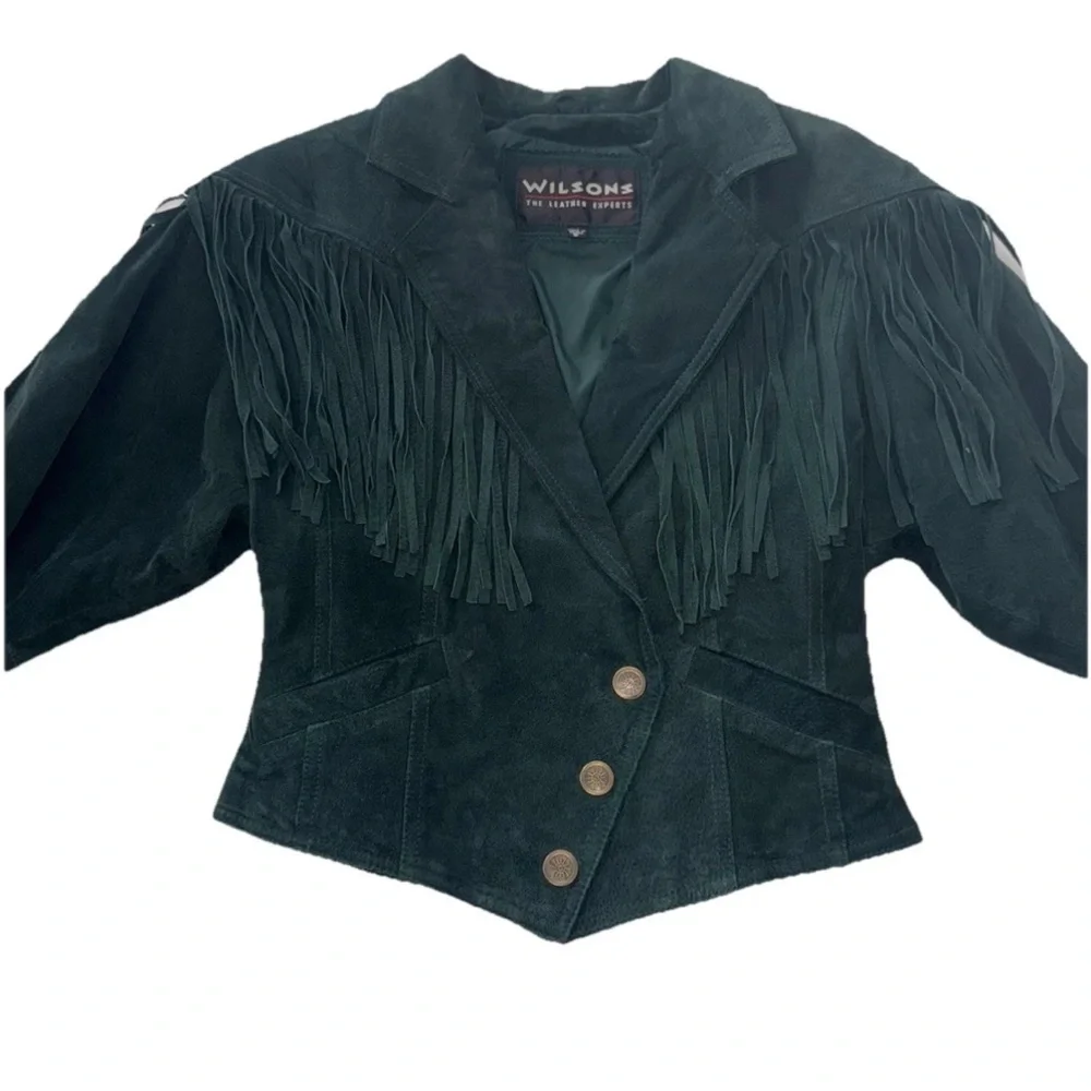 Vintage 90s Wilson Leather Womens fringe Suede Emerald Forest Green Jacket S - Picture 5 of 12